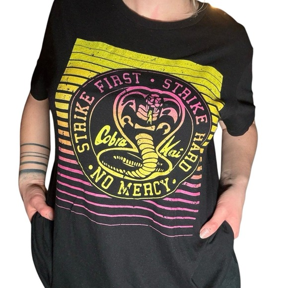 Cobra Kai Strike First Strike Hard No Mercy graphic purple & yellow T Shirt - Picture 2 of 8